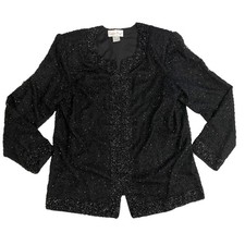 Laurence Kazar Vintage Silk Evening Jacket Black Beaded Long Sleeve size Medium