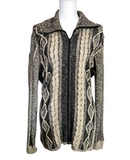 Linda Lundstrom Sweater Zip Front Black Tan Leaf Pattern Womens Size 14-16