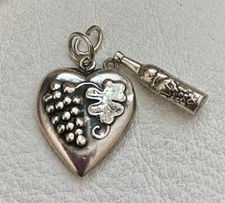 Antique Sterling Silver Repousse Puffy Heart Charm Vineyard Grapes Wine Harvest