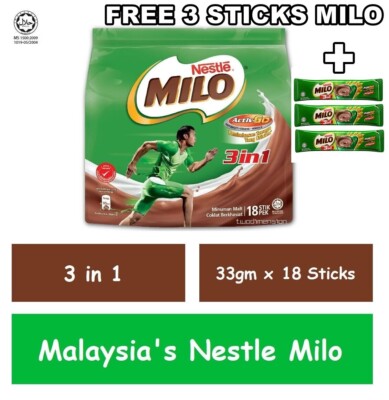 Malaysia's Nestle Milo 3 in 1 Instant Drinks (33gmx18 Sticks) FREE 3 STICKS MILO