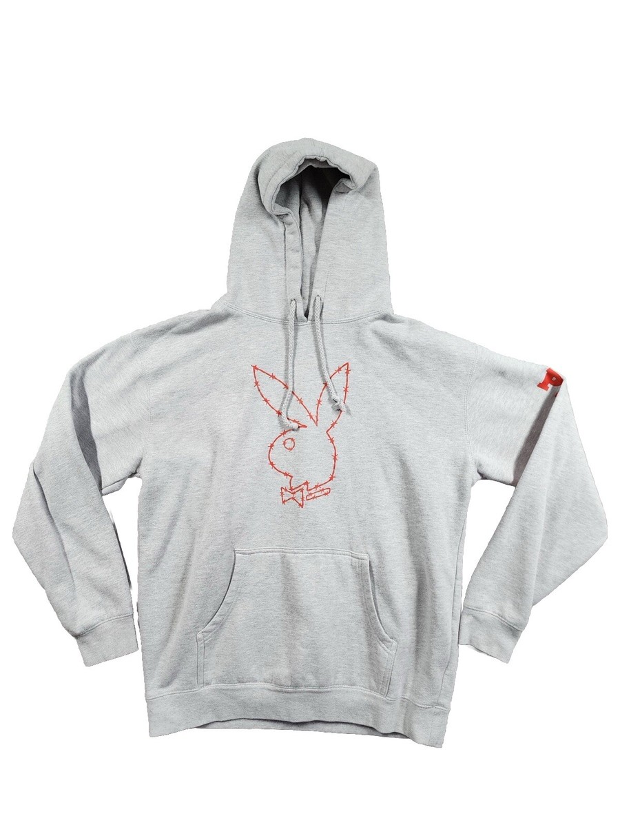 Playboy Hoodie Men Large Heather Gray Barbed Wire Bunny Logo