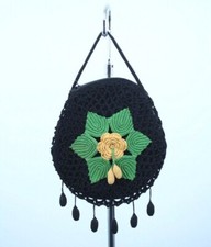 Vtg Antique Knit Crochet Handbag Tassels Purse 30s 40s