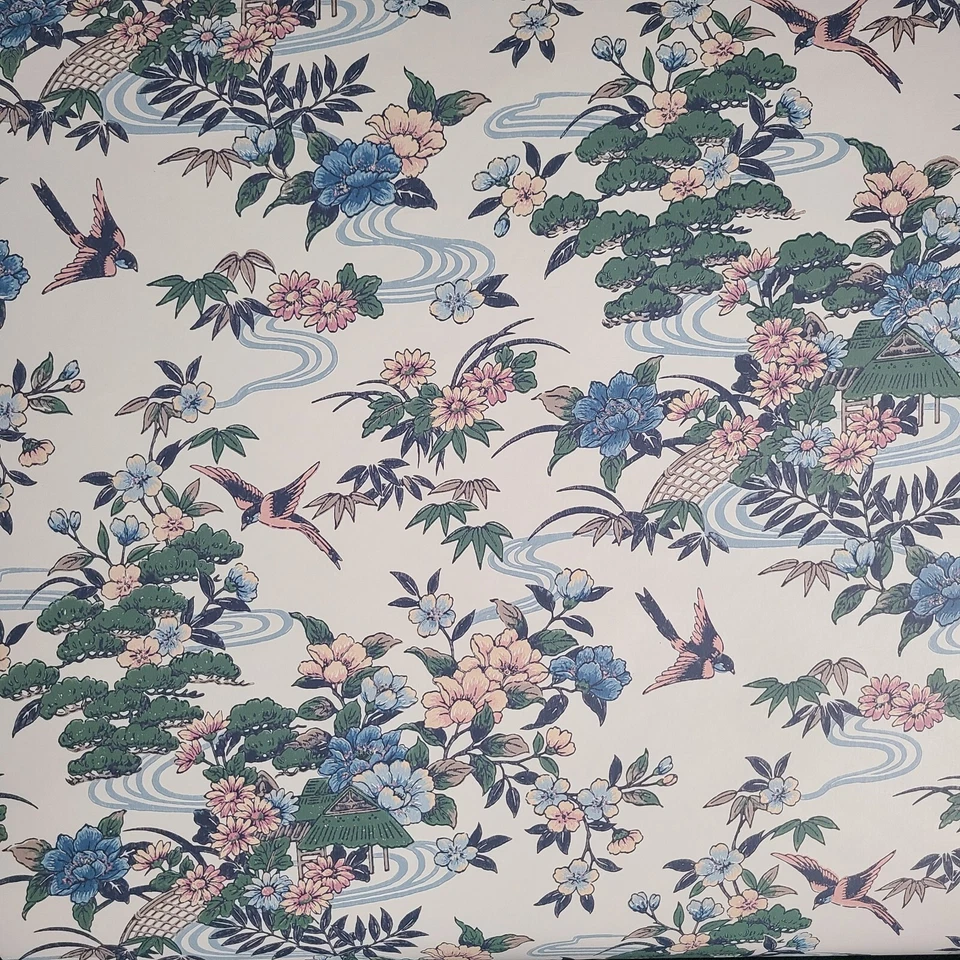 Wallpaper Oriental Scenic Asian floral Pagoda Birds Green Pink Blue Remnant 25' - Image 4 of 4