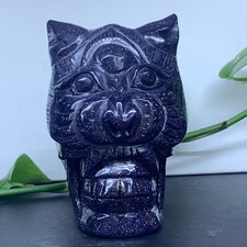 Cubo pietra sabbia blu 2,29 libbre intaglio teschio leone cristallo decorazione guarigione quarzo regalo