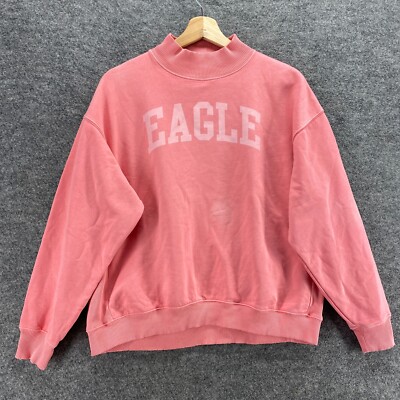 American Eagle Hoodie Women XS Pink Crew Neck Fleece Logo Pullover