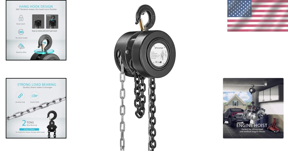 Compact 2 Ton Chain Fall Hoist - 10ft Steel Chain with Corrosion-Resistant Hooks - Image 2 of 4