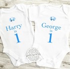Personalised First birthday boys baby vest. I am one 1 bodysuit 1st blue balloon
