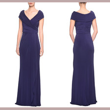 NWT 318 La Femme  20  Ruched Jersey Column Gown in Navy Blue S216