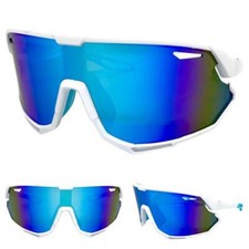 Oversized RETRO SPORTY WRAP AROUND Shield Cycling SUN GLASSES Large White Frame