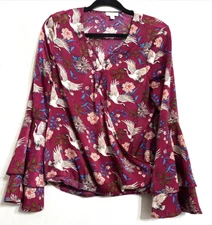 Charming Charlie  Floral Bell Sleeve Top Sz M Purple Floral Print Boho Colorful