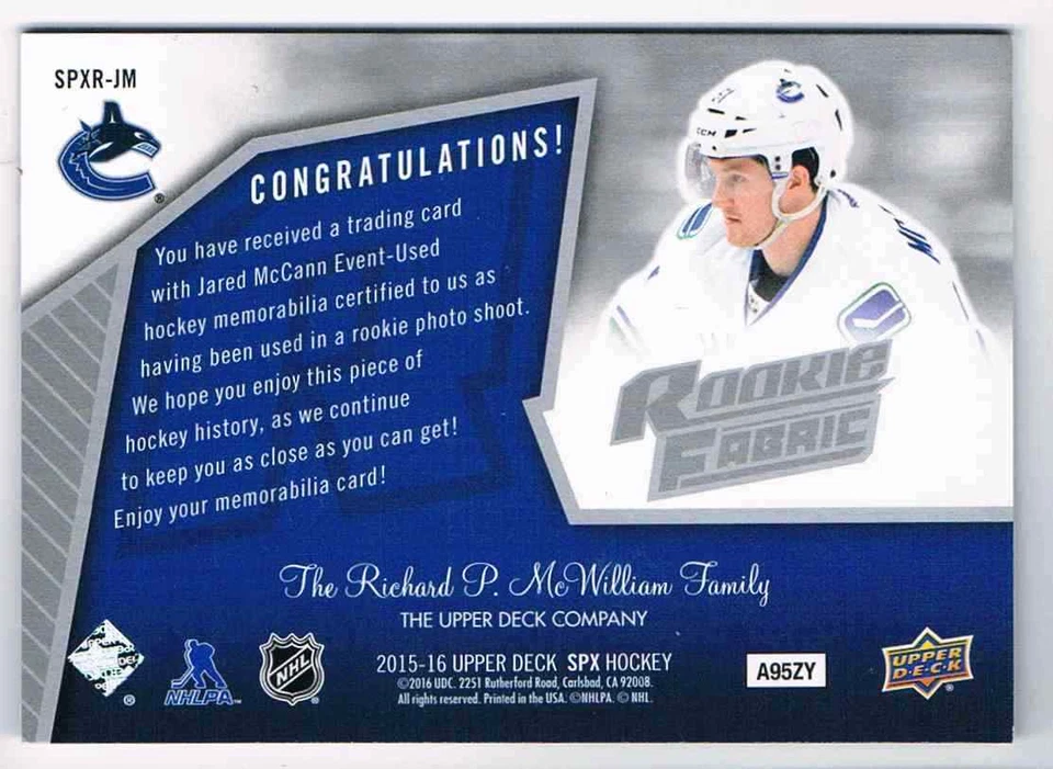 2015-16 SPX JARED MCCANN ROOKIE JERSEY 1 COLOR VANCOUVER CANUCKS #SPXR-JM - Image 2 of 2