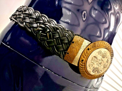 Vintage CHICOs BLACK GENUINE LEATHER BELT Calendar Tribal Buckle S/M GRUNGE ERA - Picture 7 of 12