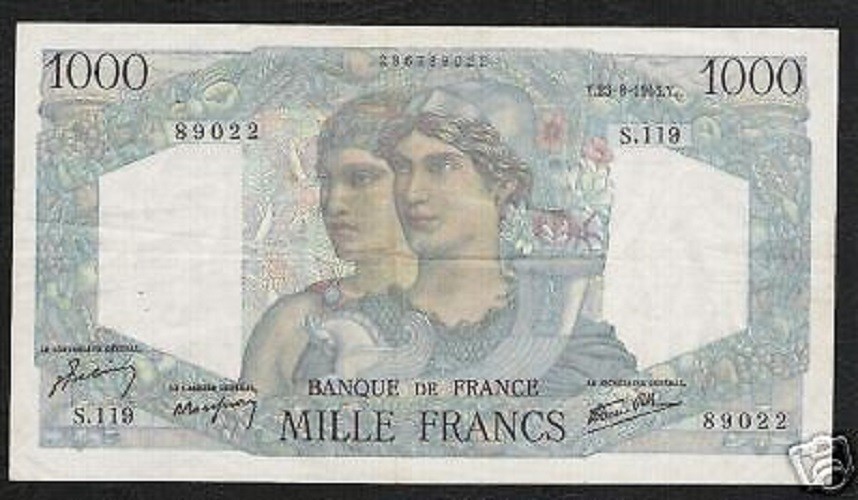 Bayou フランス語1枚 FRANCE 1000 1,000 FRANCS P130 1945 LARGE COLORFUL SCARCE MONEY