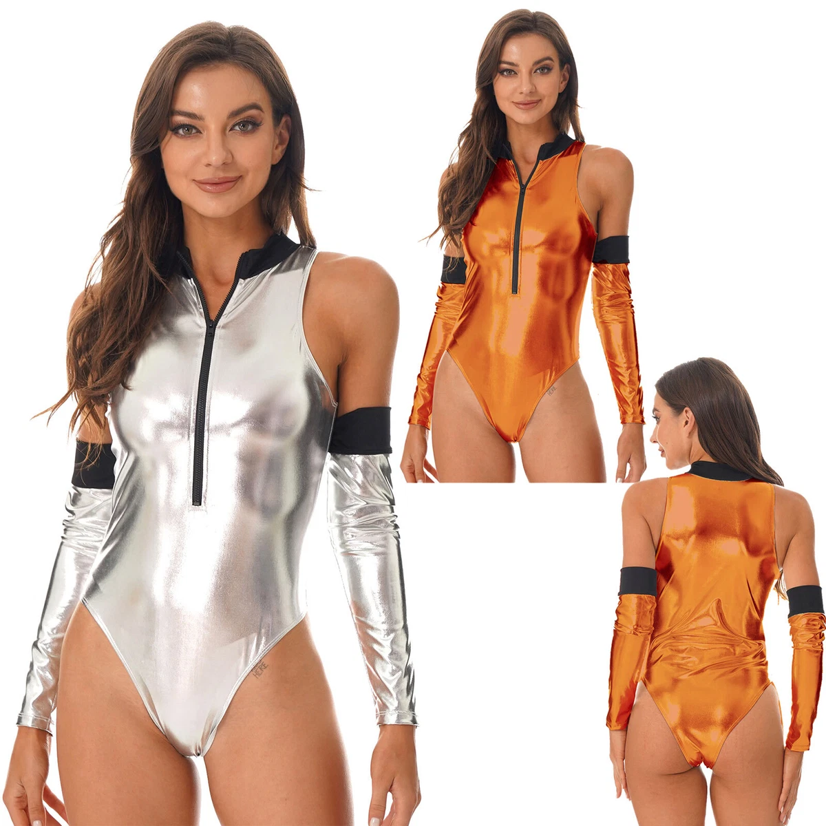 Women PU Leather Bodysuit Metallic Silver Astronaut Costume Dance Party  Clubwear