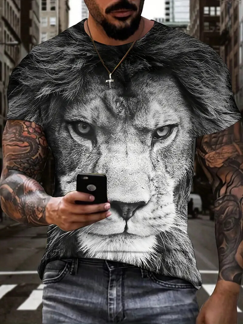 T Shirt Men Black White Lion Face Graphic Print Fashion Wicking