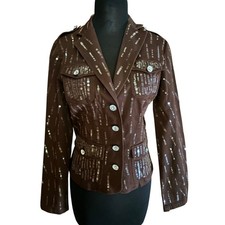 Cache Brown Sequin Encrusted Gemstone Buttons Jacket Top Fitted Stretch 198 NWT