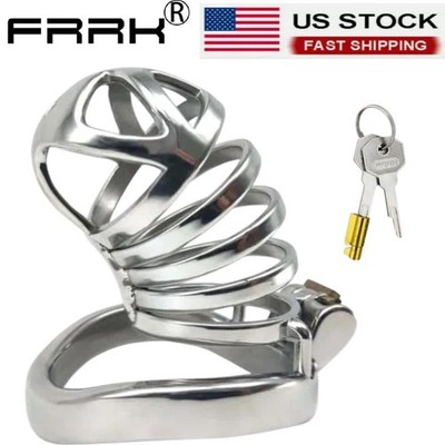 FRRK Metal Chastity Cage Lock Cage with 2 Sizes Lock Rings Chastity Cage for Men