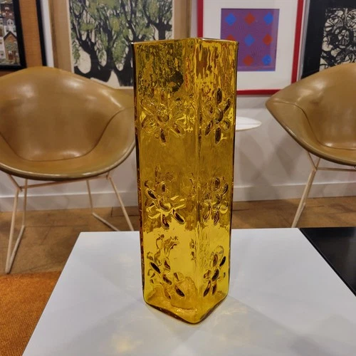 Vintage 1960s Blenko Glass Wayne Husted 6115 L 14 in YELLOW Square Daisy Vase