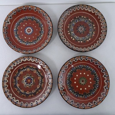 Set of Troyan Bulgarian Pottery Wall Plates Hand-Painted Folk