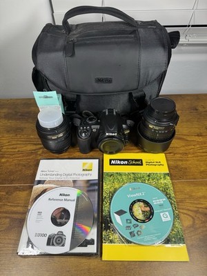 Nikon D3100 14.2MP DSLR Camera Black w/ 18-55mm & 55-200mm Lenses Charger Bag