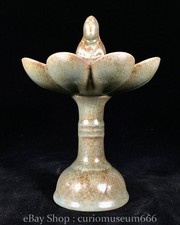 8.8" Old China Marked Ru Kiln Porcelain Sit Lotus Kwan-yin Statue Candle Holder