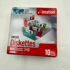 Vintage Imation Neon Floppy Disks 3.5" 2HD 1.44MB MAC Formatted 10 Pack New