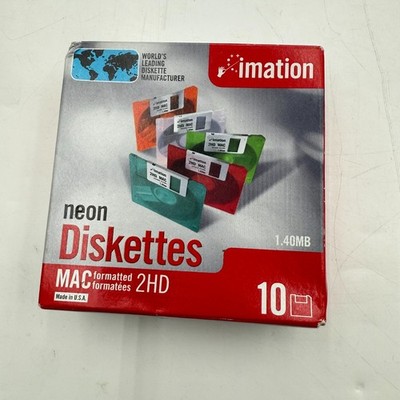 Vintage Imation Neon Floppy Disks 3.5'' 2HD 1.44MB MAC Formatted 10 Pack New