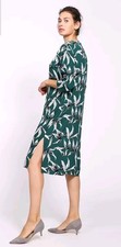 ICHI Women's Button Up Green Dress With Print V-Neck 3/4 Sleeve Size S