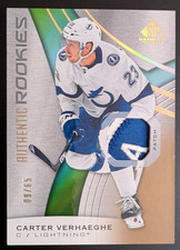 CARTER VERHAEGHE 2019-20 SP GAME USED AUTHENTIC ROOKIES PATCH ROOKIE CARD /65 RC. rookie card picture