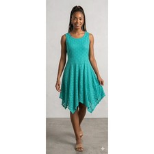RN Studio Ronni Nicole Teal Lace Sharkbite Handkerchief Hem Dress Size 4