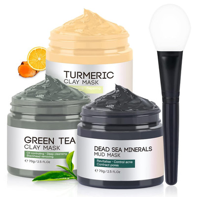 KAISASA 3PCS Clay Face Mask Set - Turmeric, Mud, Green Tea for All Skin Types