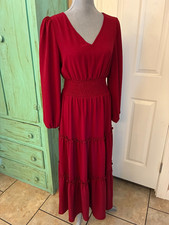SHEIN, BURGUNDY, V-NECK, PUFF LONG SLEEVE, TIERED, FIT & FLARE MAXI DRESS, M