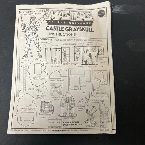 Vintage Masters of the Universe MOTU Castle Grayskull Instructions He-Man