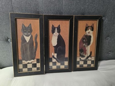 Cindy Sampson Vintage Framed Cat Prints Folk Art Set of 3 Calico Tuxedo Tortie