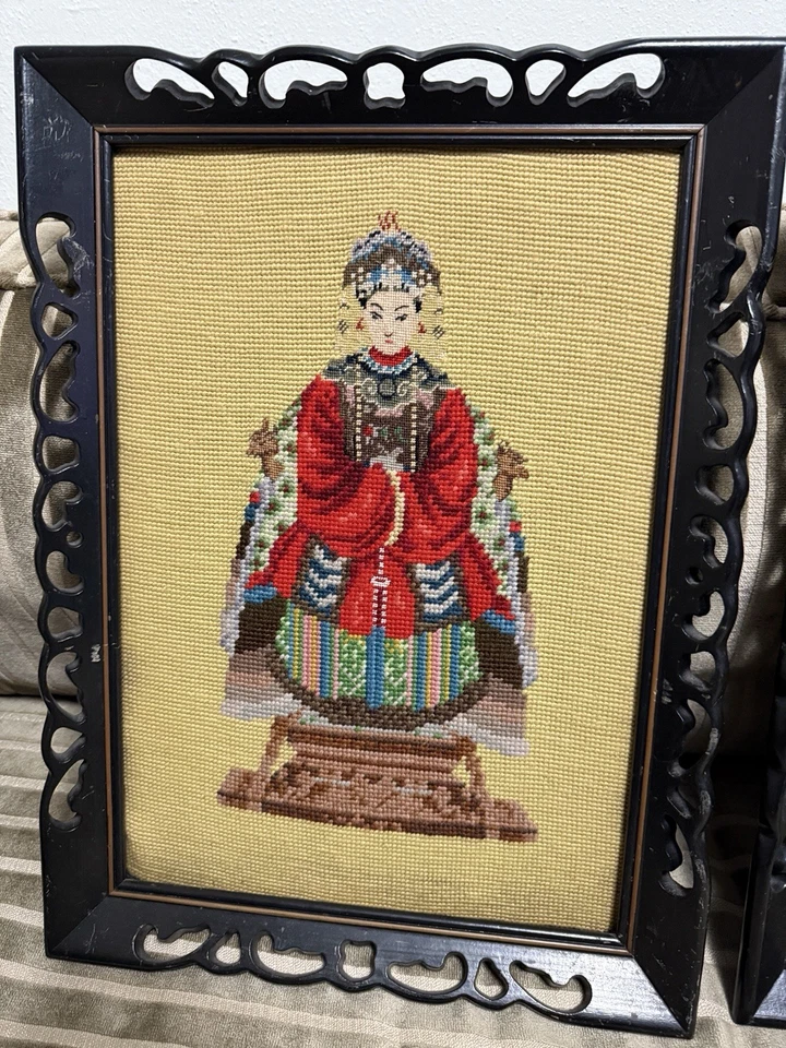 PAR de punta de aguja china vintage hecha a mano del emperador y la emperatriz enmarcada Foto 2 de 4