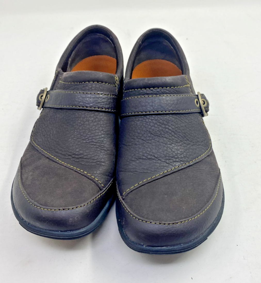 Merrell Dassie scarpe in pelle con fibbia slip on da donna taglia 7 marrone espresso J69082