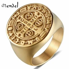 MENDEL Men Gold Plated Catholic St Saint Benedict Ring Stainless Steel Size 7-15