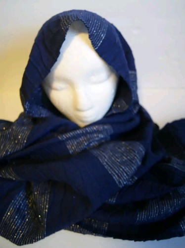 Blue Scarf Shimmer Threads Silver Neck Head Cover Textured Striped Tassels Women - Picture 2 of 7