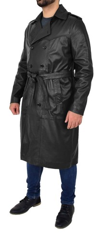 Mens Trench Leather Coat 3/4 Long Black Jacket Double Breasted Reefer Overcoat - Picture 7 of 9