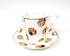 NEW 2 PC SET GRACE PORCELAIN WHITE+REFLECTIVE GOLD POLKA DOT TEA CUP+SAUCER