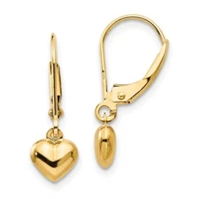 Real 14kt Yellow Gold Small Puffed Polished Heart Drop Leverback Dangle Earrings