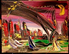 NEW YORK BRIDGE BY  MARK KAZAV - ORIGINAL OIL PAINTING ABSTRACT 11x14