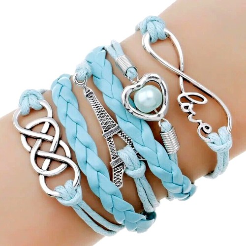 Eiffel Tower Heart Celtic Knots Silver Charms Multi Layer Bracelet Free Gift Bag - Picture 23 of 27