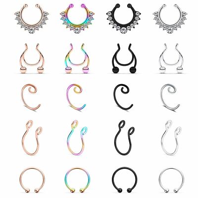 20Pc 20G Fake Septum Hoop Rings Lip Ear Nose Clip Ring Stainless CZ Non Piercing