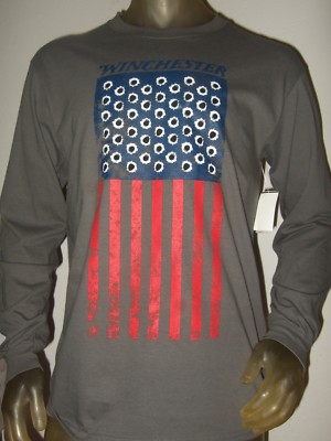 Winchester Bullet Hole Gun Shot USA Flag US Men's Medium Gray  Long Sleeve Shirt