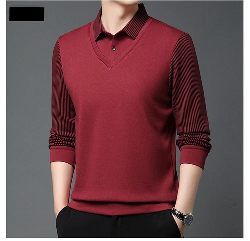 T-shirt uomo finta due pezzi slim risvolto maglia fondo maglietta maglione top - Foto 22 di 30