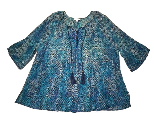 Catherines Sz 3X 52 Chest Tunic Top 3/4 Bell Sleeve Lightweight Blue Tassels - Picture 7 of 19