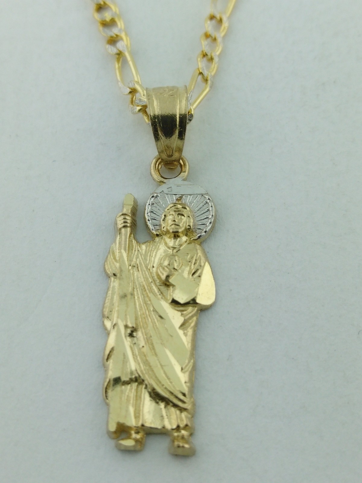 14K SOLID GOLD Saint Jude Pendant Charm With Figaro White Pave . San ...