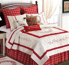 RED BERRY EMBROIDERED 3pc Full Queen QUILT SET : GARDEN CHRISTMAS WREATH