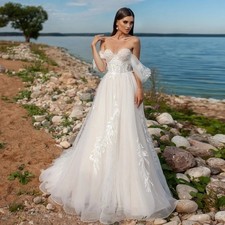 Boho Off Shoulder Tulle Wedding Dress Sweetheart Beach Bridal Gown Lace Applique
